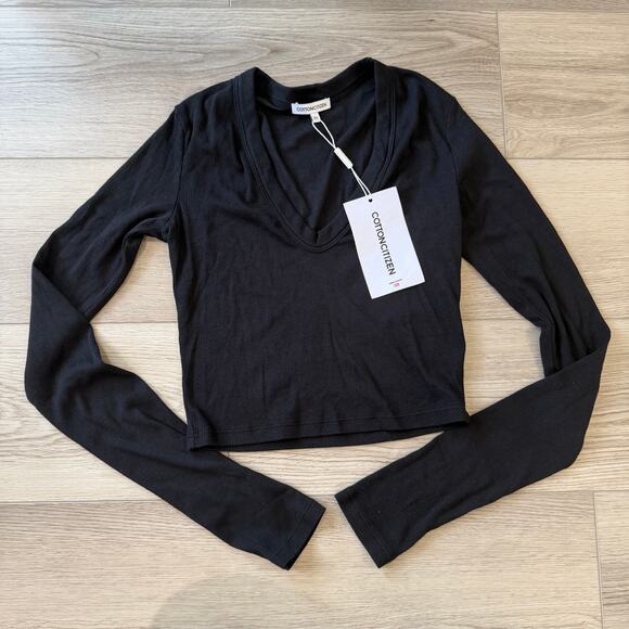 Cotton Citizen Revolve Veronica Casual Long Sleeve Ribbed Crop Tee Black XS - Picture 1 of 4